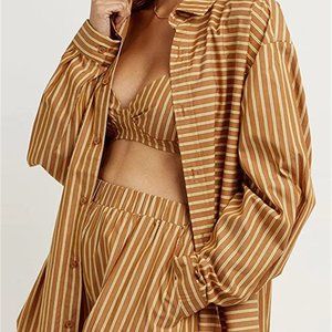 Mylleure Three Piece Pajama Set Longe Sleeve Blouse Bralette Top + Shorts